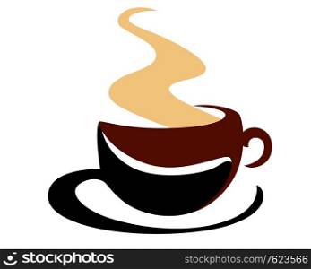 Hot steaming cup of freshly brewed aromatic coffee to start the day in shades of brown, vector illustration isolated on white