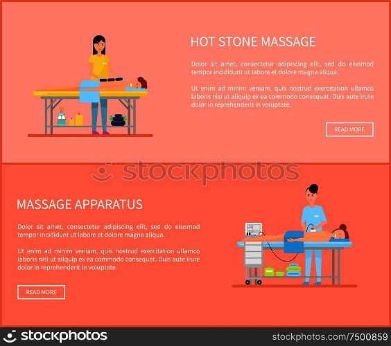 Hot stone massage and special apparatus with handle for back treatment. Set of posters with text sample and masseuses using new techniques vector. Hot Stone Massage and Apparatus Posters Vector
