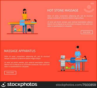 Hot stone massage and special apparatus with handle for back treatment. Set of posters with text sample and masseuses using new techniques vector. Hot Stone Massage and Apparatus Posters Vector