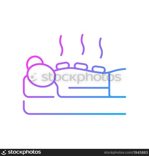 Hot stone massage gradient linear vector icon. Relaxing body muscles. Apply heated stones. Therapeutic technique. Thin line color symbol. Modern style pictogram. Vector isolated outline drawing. Hot stone massage gradient linear vector icon