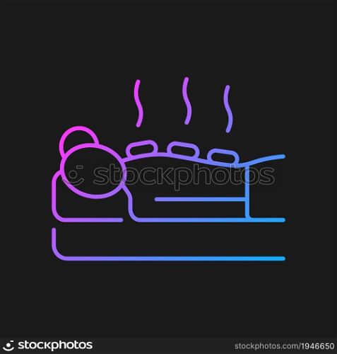 Hot stone massage gradient vector icon for dark theme. Relaxing body muscles. Apply heated stone. Therapeutic technique. Thin line color symbol. Modern style pictogram. Vector isolated outline drawing. Hot stone massage gradient vector icon for dark theme