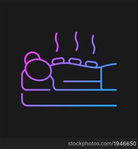 Hot stone massage gradient vector icon for dark theme. Relaxing body muscles. Apply heated stone. Therapeutic technique. Thin line color symbol. Modern style pictogram. Vector isolated outline drawing. Hot stone massage gradient vector icon for dark theme