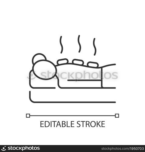 Hot stone massage linear icon. Relaxing body muscles. Apply heated stones. Therapeutic technique. Thin line customizable illustration. Contour symbol. Vector isolated outline drawing. Editable stroke. Hot stone massage linear icon