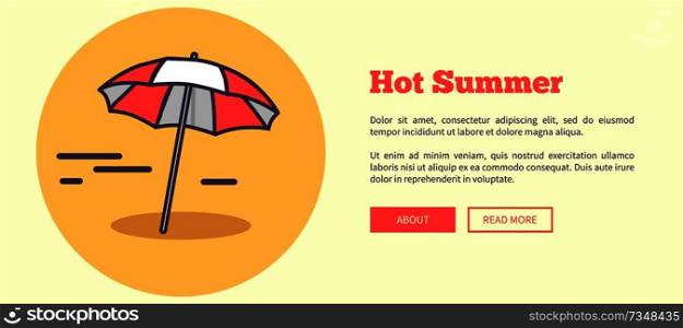 Hot summer advertising banner with inscription. Vector illustration of circle icon depicting beach umbrella against background of sand. Hot Summer Banner Depicting Beach Umbrella