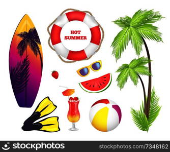 Hot summer and collection of items palm tree and lifebuoy and surfing board, cocktail and fruits set vector illustration isolated on white. Hot Summer Collection of Items Vector Illustration