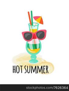 Hot summer cocktail made in layers vector, exotic alcoholic drink in sunglasses. Refreshing summertime beverage with straw and umbrella isolated on sand. Cocktail Served with Umbrella Straws in Sunglasses
