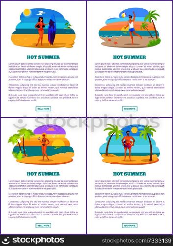Hot summer in tropical country promotional banners set. Summer vacation commercial posters with men and women on sandy beach vector illustrations.. Hot Summer in Tropical Country Promotional Banners