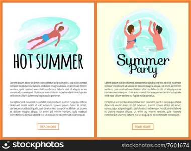 Hot summer party vector, man laying on surfing board, active relaxation of people on vacation. Male and female in water having fun, website online pages. Hot Summer Party Surfer on Board, People in Water
