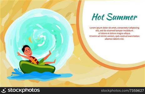 Hot summer poster with boy riding bright green donut, amusement in water or aqua park cartoon flat vector illustration isolated on white sea splashes.. Hot Summer Poster with Boy Riding on Donut Vector