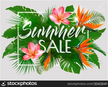 Hot Summer Sale Background With Exotic Leaves And Coloful Flower. Hot Summer Sale Background With Exotic Leaves And Coloful Flowers. Vector. Hot Summer Sale Background With Exotic Leaves And Coloful Flowers. Vector