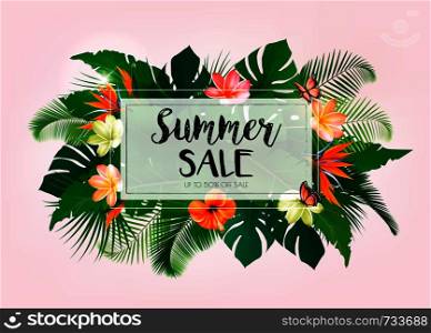 Hot Summer Sale Background With Exotic Leaves And Coloful Flowers. Vector