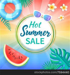Hot summer sale background with tropical leaves, vanilla flowers, slice of watermelon, sunglasses and lifebuoy. Sun rays, cute summertime backdrop vector. Hot Summer Sale Background Tropical Leaves Vanilla