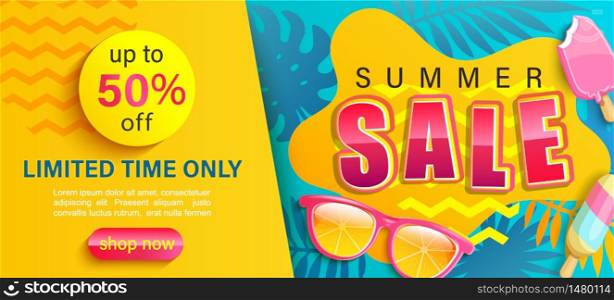 Hot Summer Sale banner,shop now with up to 50 percent limited time discount,season promo with tropical leaf,ice cream,sunglasses.Invitation for shopping,template for design flyer,special offer.Vector. Hot Summer Sale banner, shop now with discounts.