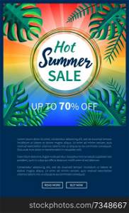 Hot summer sale poster up to 70 off banner with frame, sunlight rays and exotic palm tree leaves vector template summertime advert web page design. Hot Summer Sale Poster Up to 70 Off Banner Frame
