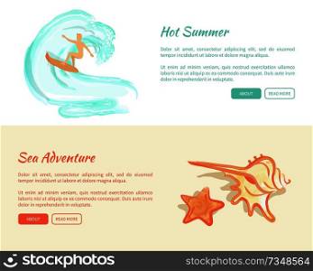 Hot summer sea adventures set of banners with man surfing on surfboard, seashells on tropical sandy beach vector web posters with place for text. Hot Summer Sea Adventures Set of Banners with Text