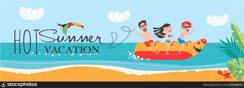 Hot summer vacation! Beach activities, banana boating, swimming in the sea. Vector illustration in flat style.