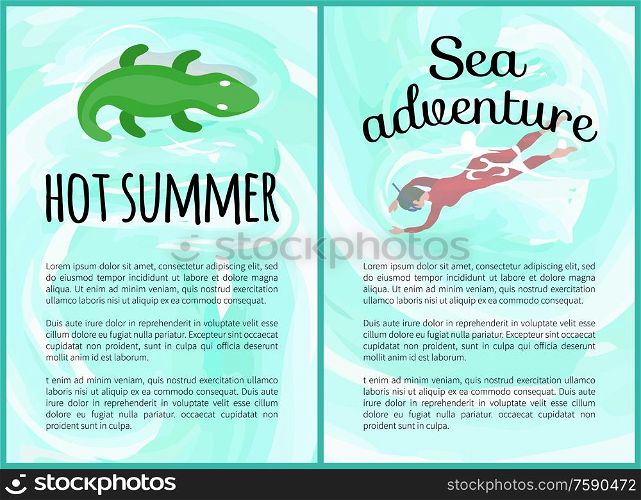 Hot summer vector, crocodile inflatable toy on water and hot adventures summertime. Woman wearing scuba diving equipment, person snorkeling hobby. Hot Summer and Hot Adventures Text Posters Set