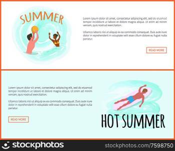 Hot summer vector, man laying on surfing board surfer on surfboard. People playing water game, waterpolo sport practicing male and female website. Hot Summer People Playing Waterpolo Website Set