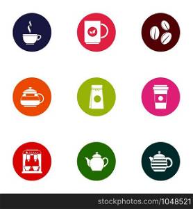 Hot tea icons set. Flat set of 9 hot tea vector icons for web isolated on white background. Hot tea icons set, flat style