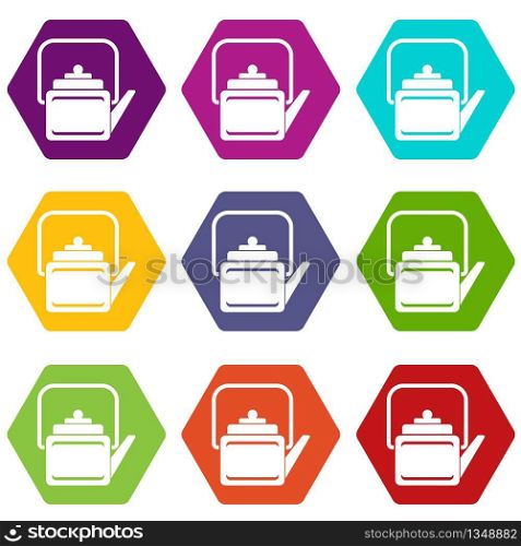 Hot teapot icons 9 set coloful isolated on white for web. Hot teapot icons set 9 vector