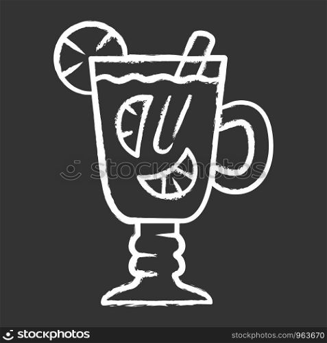 Hot toddy chalk icon. Hot whiskey in Irish coffee glass. Beverage with lemon slices and cinnamon stick in footed tumbler with handle. Warming drink. Isolated vector chalkboard illustration