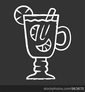 Hot toddy chalk icon. Hot whiskey in Irish coffee glass. Beverage with lemon slices and cinnamon stick in footed tumbler with handle. Warming drink. Isolated vector chalkboard illustration