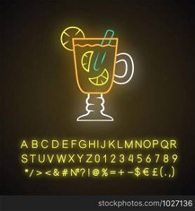 Hot toddy neon light icon. Hot whiskey in Irish coffee glass. Spiced everage in footed tumbler with handle. Glowing sign with alphabet, numbers and symbols. Vector isolated illustration