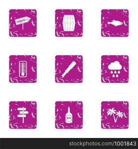 Hot tropical icons set. Grunge set of 9 hot tropical vector icons for web isolated on white background. Hot tropical icons set, grunge style