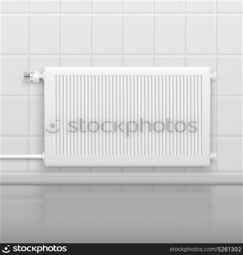 Hot Water Radiator Realistic Image . Hor water radiator heating with temperature control knob on tiled wall side view realistic image vector illustration