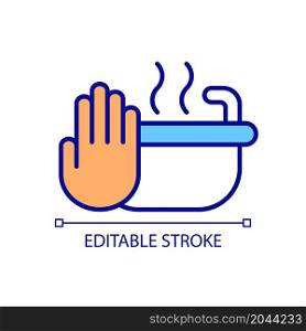 Hot water restriction RGB color icon. Washing and bathing in hot water strongly prohibited. Cleansing your face. Isolated vector illustration. Simple filled line drawing. Editable stroke. Hot water restriction RGB color icon