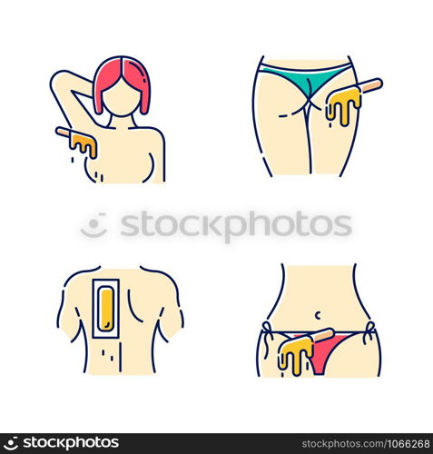 Hot waxing beige color icons set. Armpit, buttocks, back, bikini hair removal. Cold wax strips. Body hair depilation. Professional beauty treatment cosmetics. Isolated vector illustrations