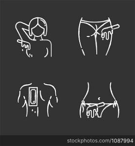 Hot waxing chalk icons set. Armpit, buttocks, back, bikini hair removal. Cold wax strips. Body hair depilation. Professional beauty treatment cosmetics. Isolated vector chalkboard illustrations