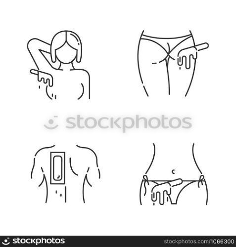 Hot waxing linear icons set. Armpit, buttocks, back, bikini hair removal. Cold wax strips. Body hair depilation. Thin line contour symbols. Isolated vector outline illustrations. Editable stroke
