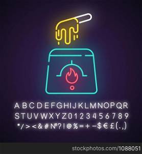 Hot waxing neon light icon. Natural soft wax in jar with spatula. Body hair removal equipment. Tools for depilation. Glowing sign with alphabet, numbers and symbols. Vector isolated illustration