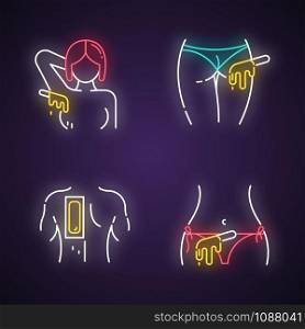 Hot waxing neon light icons set. Armpit, buttocks, back, bikini hair removal. Cold wax strips. Hair depilation. Professional beauty treatment cosmetics. Glowing signs. Vector isolated illustrations
