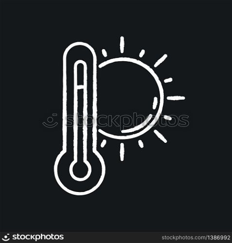 Hot weather chalk white icon on black background. Summer heat, seasonal forecasting, meteorology science. Air temperature prediction. Thermometer with sun isolated vector chalkboard illustration. Hot weather chalk white icon on black background