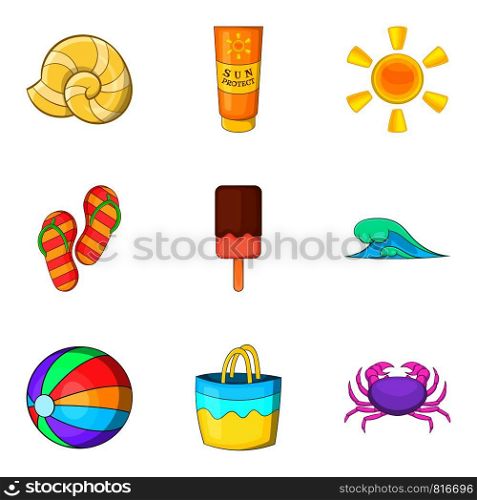 Hot weather icons set. Cartoon set of 9 hot weather vector icons for web isolated on white background. Hot weather icons set, cartoon style