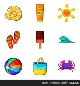 Hot weather icons set. Cartoon set of 9 hot weather vector icons for web isolated on white background. Hot weather icons set, cartoon style