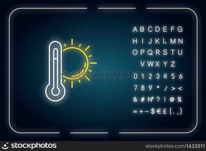 Hot weather neon light icon. Outer glowing effect. Summer heat, seasonal forecasting, meteorology sign with alphabet, numbers and symbols. Thermometer with sun vector isolated RGB color illustration. Hot weather neon light icon