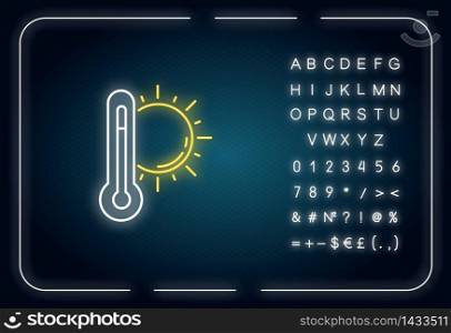 Hot weather neon light icon. Outer glowing effect. Summer heat, seasonal forecasting, meteorology sign with alphabet, numbers and symbols. Thermometer with sun vector isolated RGB color illustration. Hot weather neon light icon