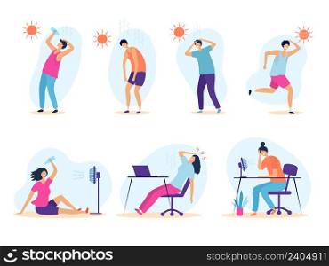 Hot weather. People summer problems tired sunny persons outdoor warm healthcare exhaustion recent vector flat illustrations. Heat and hot, sun heatstroke weather. Hot weather. People summer problems tired sunny persons outdoor warm healthcare exhaustion recent vector flat illustrations