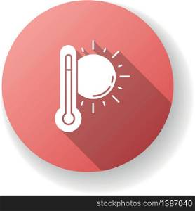 Hot weather red flat design long shadow glyph icon. Summer heat, seasonal forecasting, meteorology science. Air temperature prediction. Thermometer with sun silhouette RGB color illustration. Hot weather red flat design long shadow glyph icon