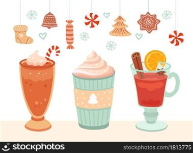 Hot winter drink. Christmas mug, xmas food cocoa coffee or chocolate. Holiday cookies banner, latte mulled wine cups vector illustration. Christmas chocolate drink, xmas coffee cartoon. Hot winter drink. Christmas mug, xmas food cocoa coffee or chocolate. Holiday cookies banner, latte mulled wine cups vector illustration