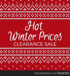 Hot winter prices vector, clearance sale at store. Discounts and deals at shops. Embroidery with red and white colors. Stitches pattern closeup. Banner decorated with lines and abstract shapes. Hot Winter Prices Clearance Sale Embroidery Vector