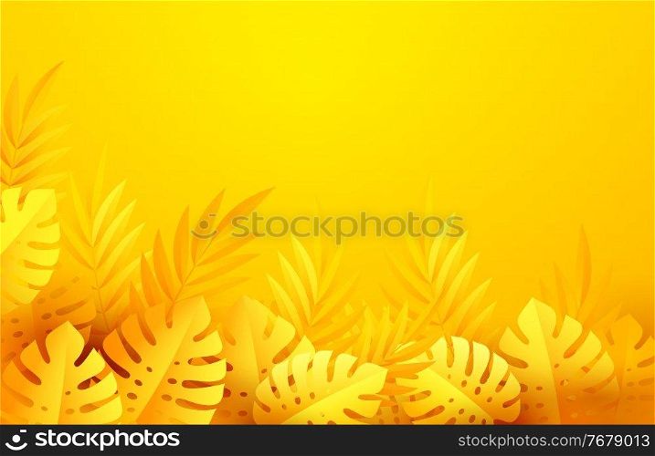 Hot yellow Summer Tropical Leaves. Paper cut style. Monstera and palm leaf. Tropic border. Vector illustration EPS10. Hot yellow Summer Tropical Leaves. Paper cut style. Monstera and palm leaf. Tropic border. Vector illustration