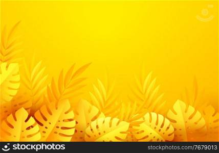 Hot yellow Summer Tropical Leaves. Paper cut style. Monstera and palm leaf. Tropic border. Vector illustration EPS10. Hot yellow Summer Tropical Leaves. Paper cut style. Monstera and palm leaf. Tropic border. Vector illustration