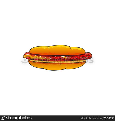 Hotdog fastfood snack isolated bun with sausage and mustard. Vector takeaway food hot dog. Fastfood snack hot dog with frankfurter sausage