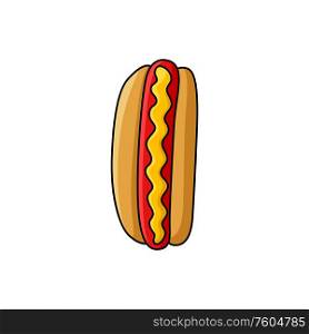 Hotdog fastfood snack isolated bun with sausage and mustard. Vector takeaway food hot dog. Fastfood snack hot dog with frankfurter sausage