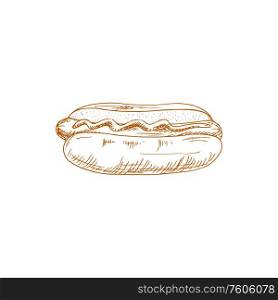 Hotdog sketch isolated bun and sausage with ketchup. Vector fastfood hot dog with frankfurter. Sketch of hot dog with frankfurter sausage