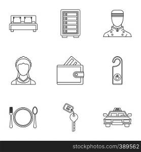 Hotel accommodation icons set. Outline illustration of 9 hotel accommodation vector icons for web. Hotel accommodation icons set, outline style
